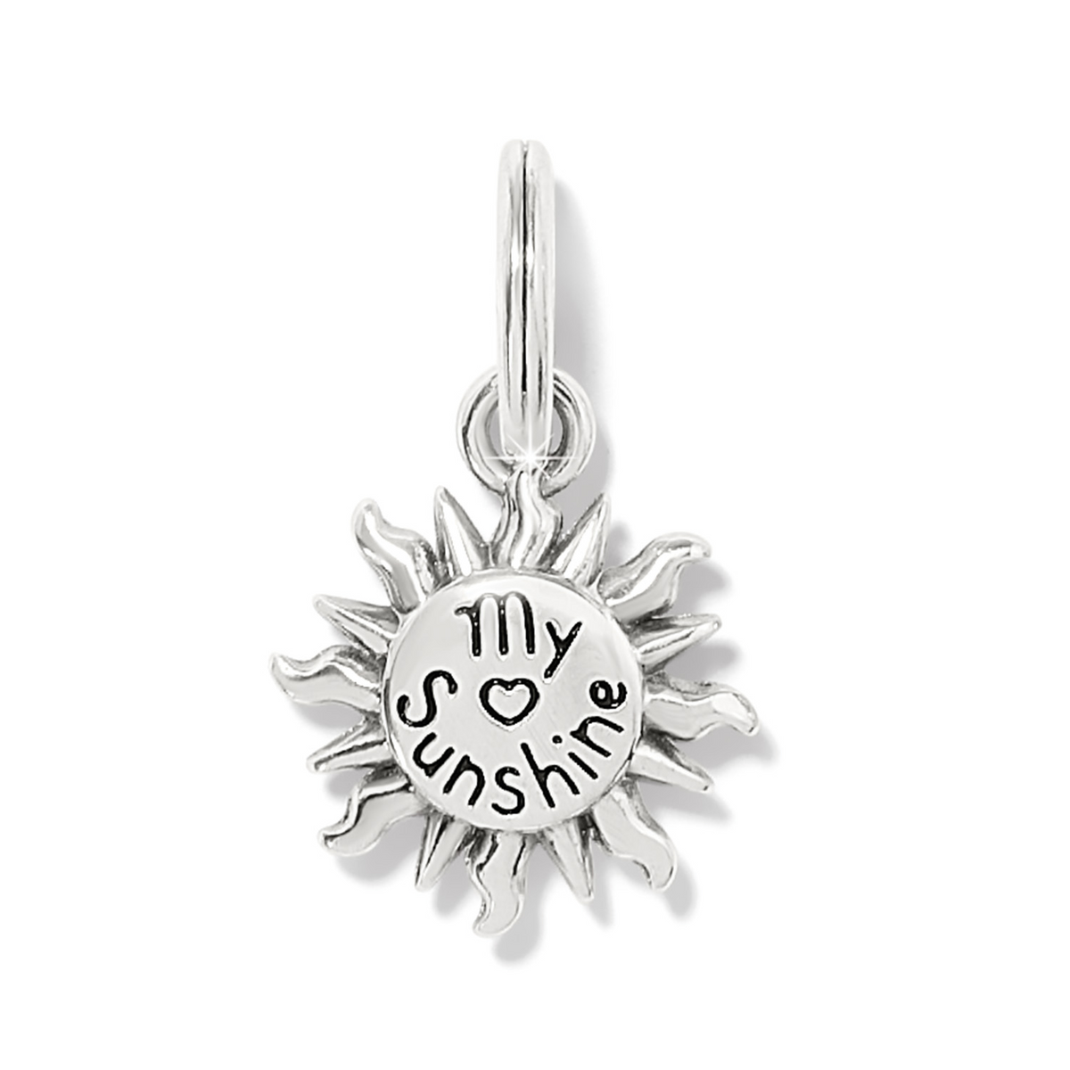Silver plated sun charm with etched 'My Sunshine' message and a heart detail.