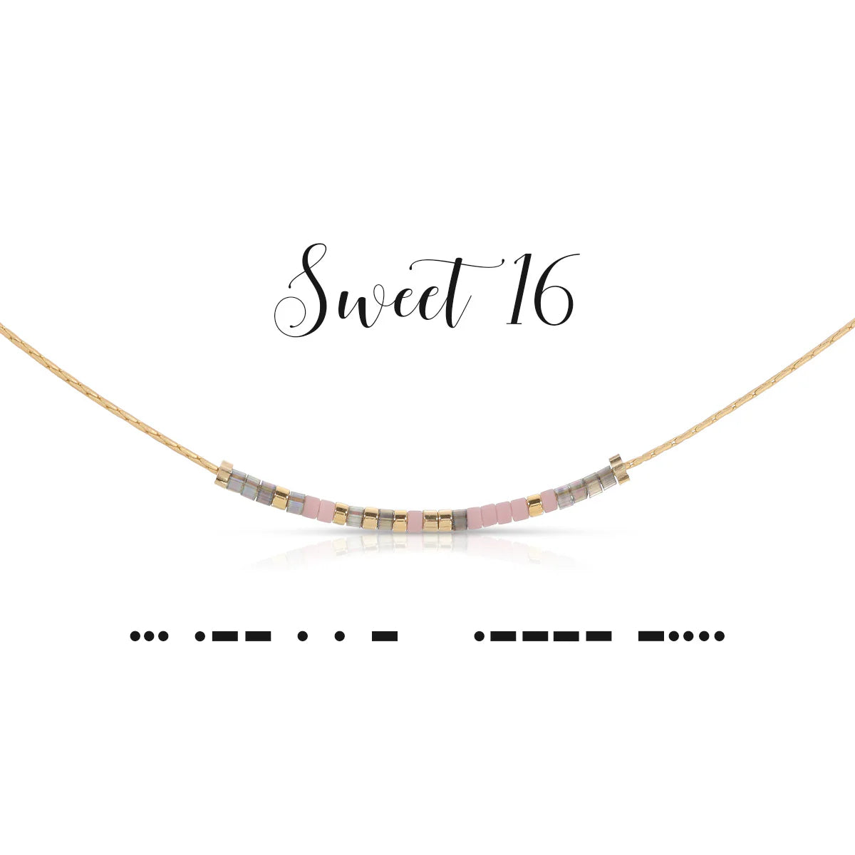 Sweet 16 necklace featuring smoky gray and matte lilac beads on a 16.5-inch chain.