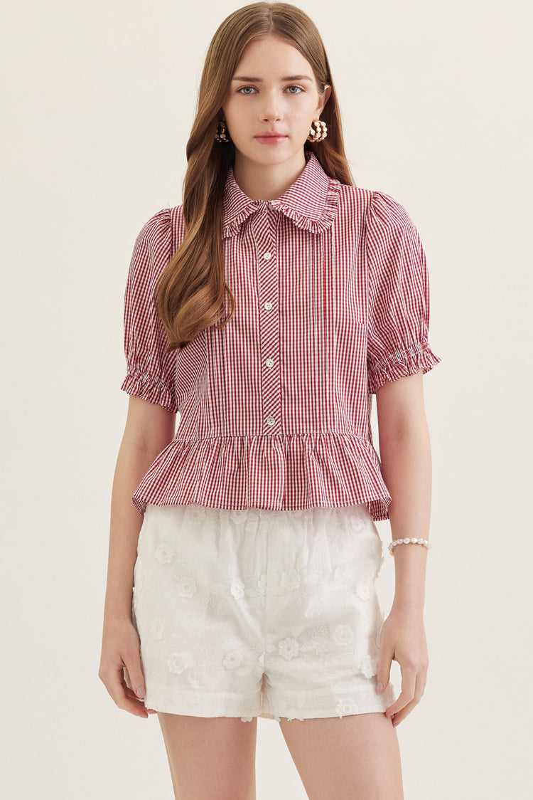 Red gingham Katie collared blouse with ruffle trim puff sleeves