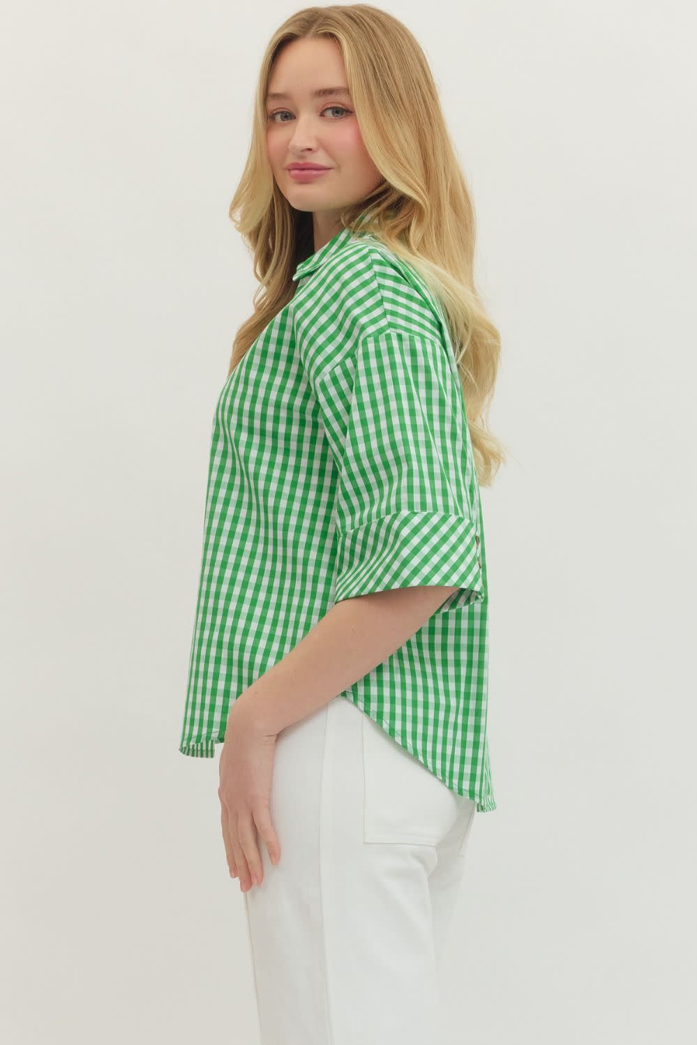 Green gingham print Pamela top with split V-neck collar and buttoned cuffs