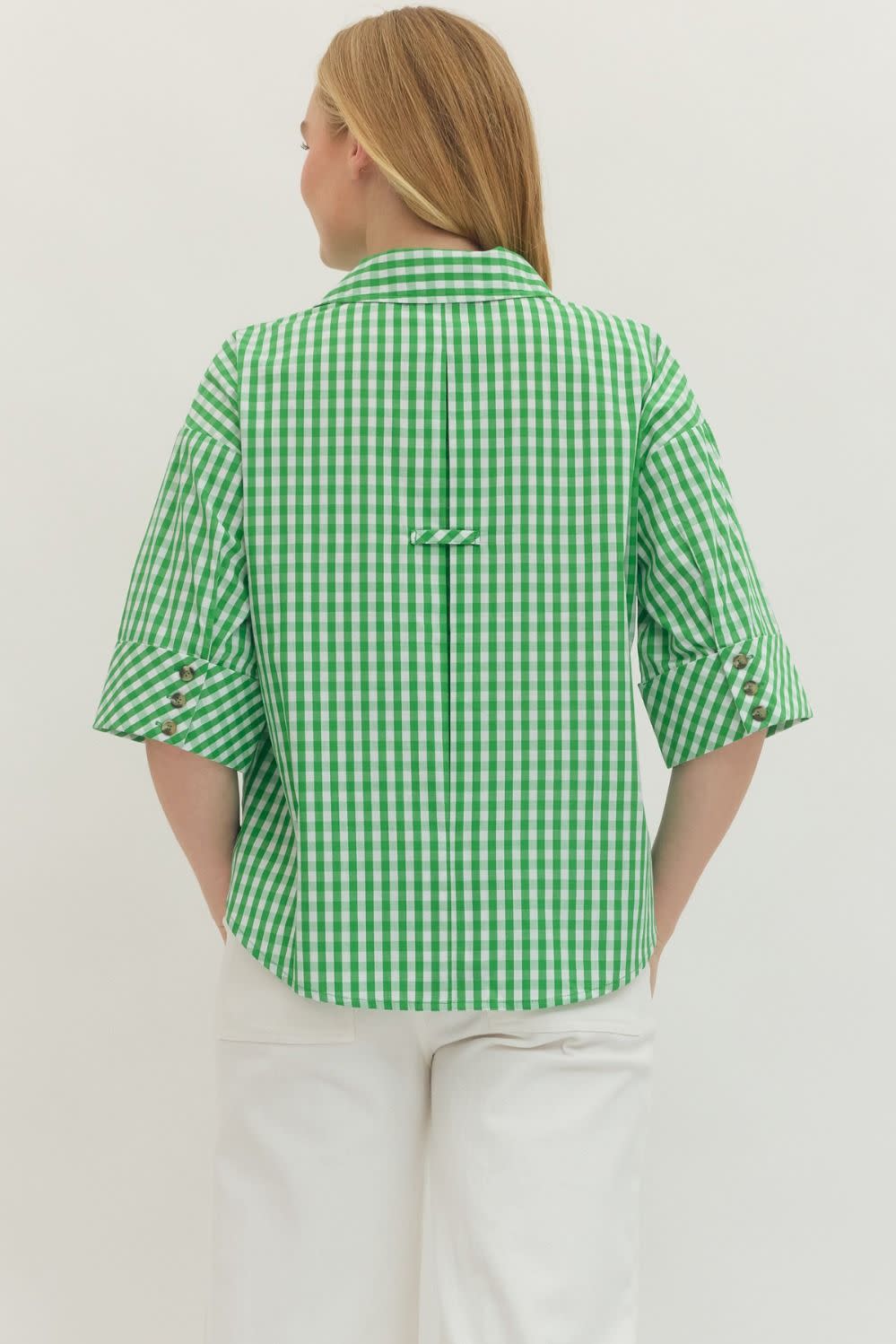 Green gingham print Pamela top with split V-neck collar and buttoned cuffs.