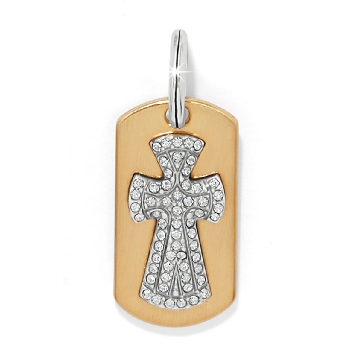 Gold-plated Tag of Grace Amulet featuring a crystal-encrusted cross on a rectangular tag.