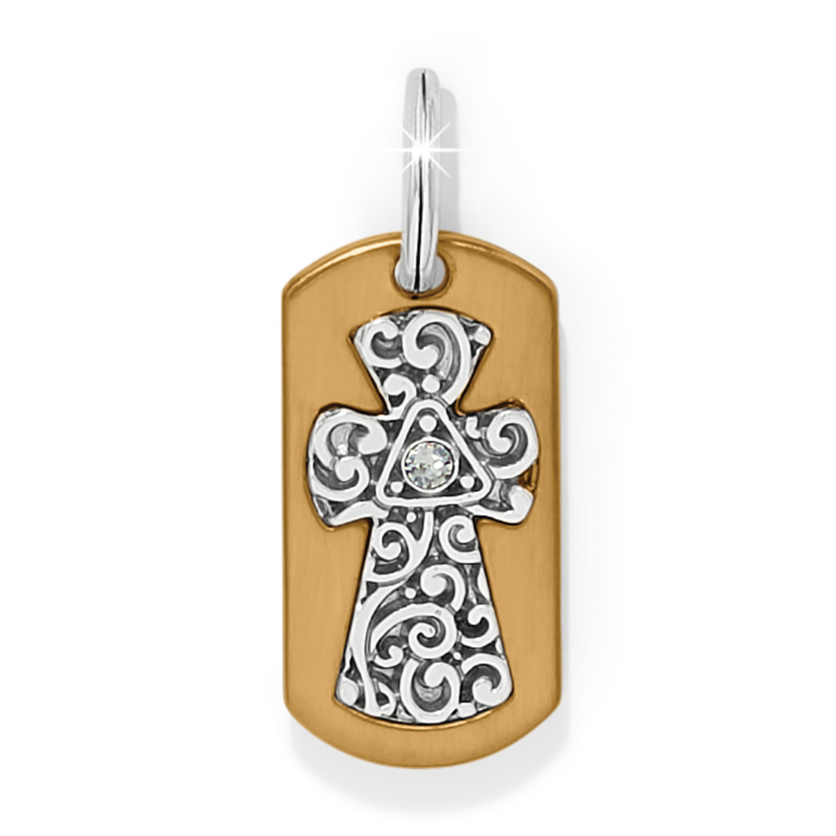 Gold-plated Tag of Grace Amulet featuring a silver filigree cross with a central crystal.