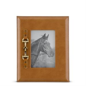 Tan faux leather photo frame featuring a gold horse bit accent and a black and white horse photo.