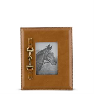 Tan leather-style photo frame featuring a gold horse bit detail and a black and white horse photo.