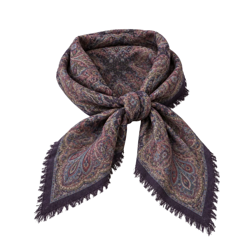 Eggplant tapestry print wool-modal square scarf with frayed edges, knotted at the center.