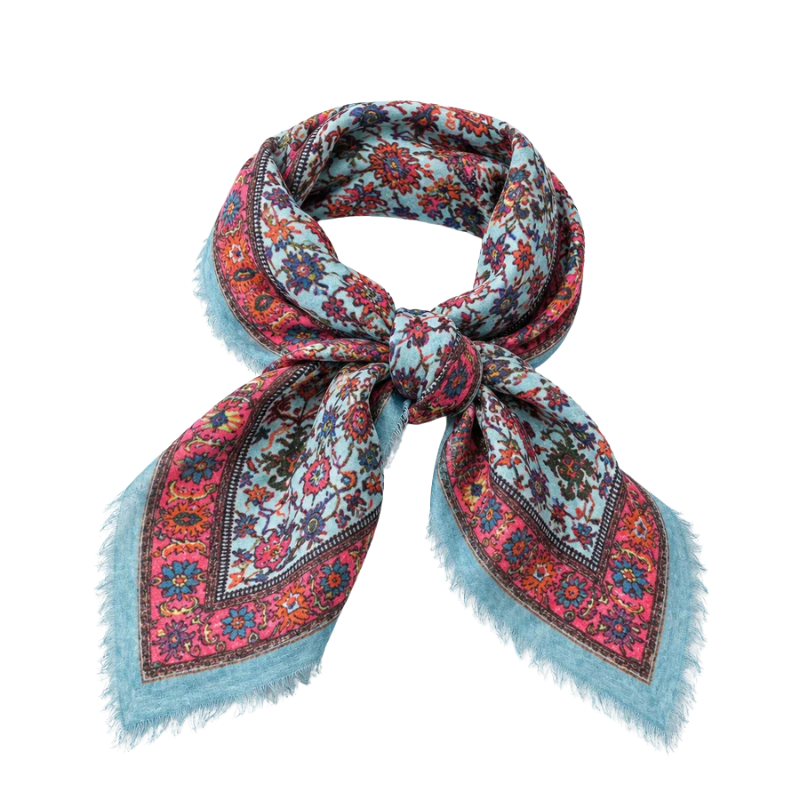 Tapestry Small Wool Printed Square Scarf in Peri Multi with floral patterns and frayed edges.