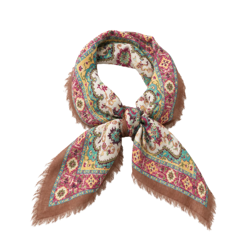 Tapestry Small Wool Printed Square Scarf in white and fuchsia with a brown frayed edge.