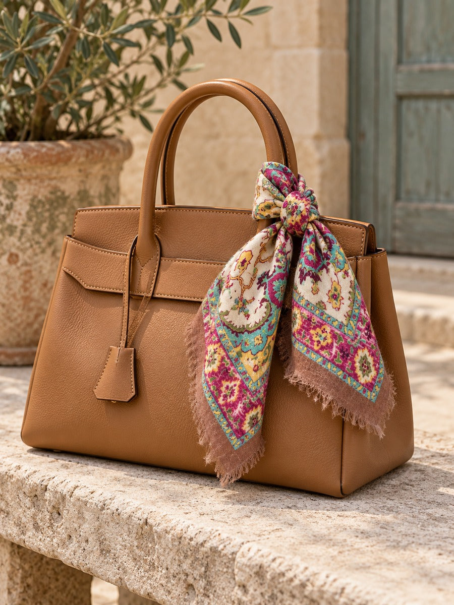 Tapestry Small Wool Printed Square Scarf with floral patterns tied to a tan leather handbag.