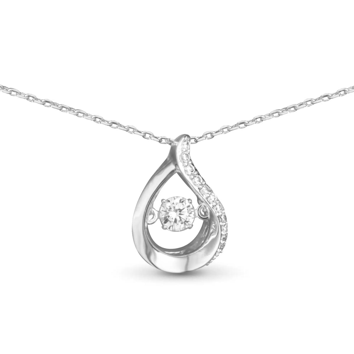 Silver teardrop necklace featuring a floating cubic zirconia center and pavé accents on the side.