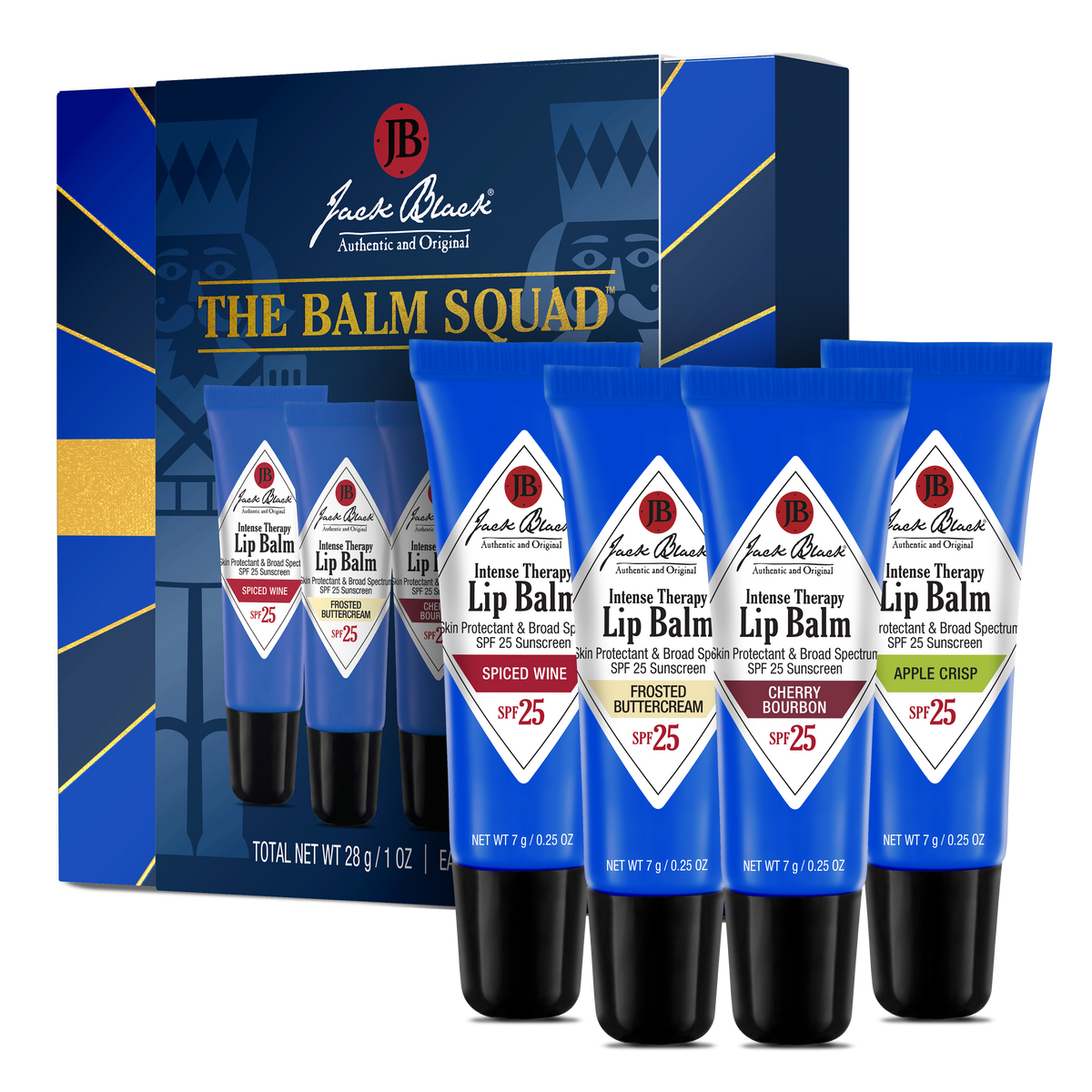 The Balm Squad HOL26 Set featuring four Jack Black Intense Therapy Lip Balms in a blue gift box.