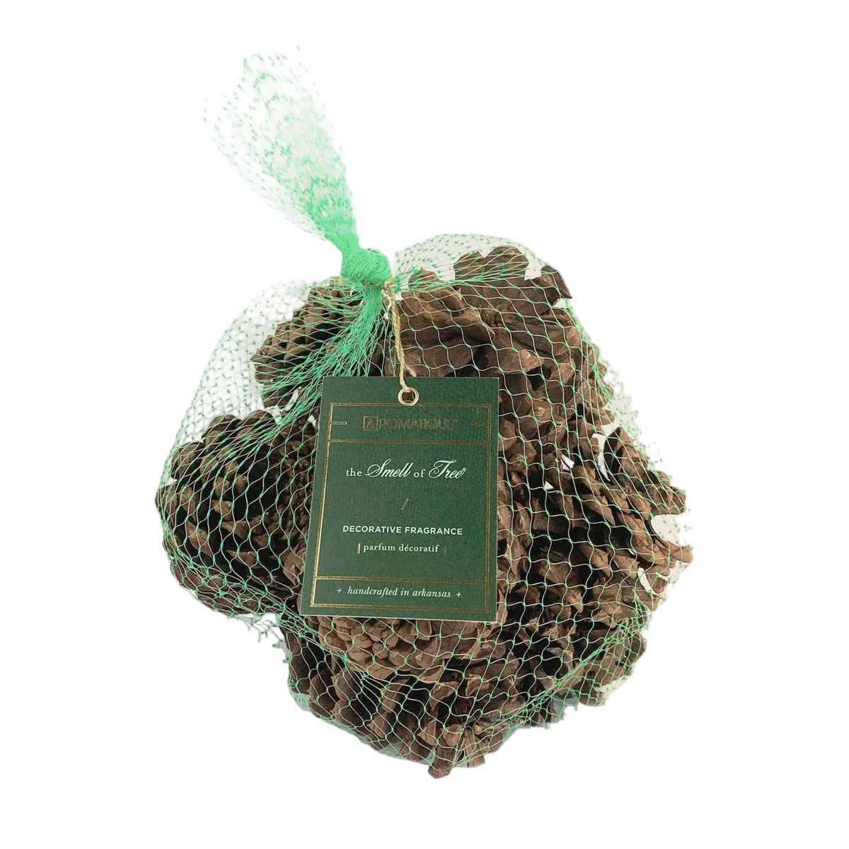 Green mesh bag filled with nine scented pinecones featuring a dark green decorative fragrance tag.