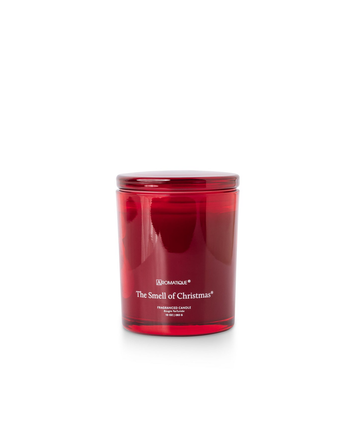 The Smell of Christmas 10 oz candle in a bold red glass vessel with a matching lid.