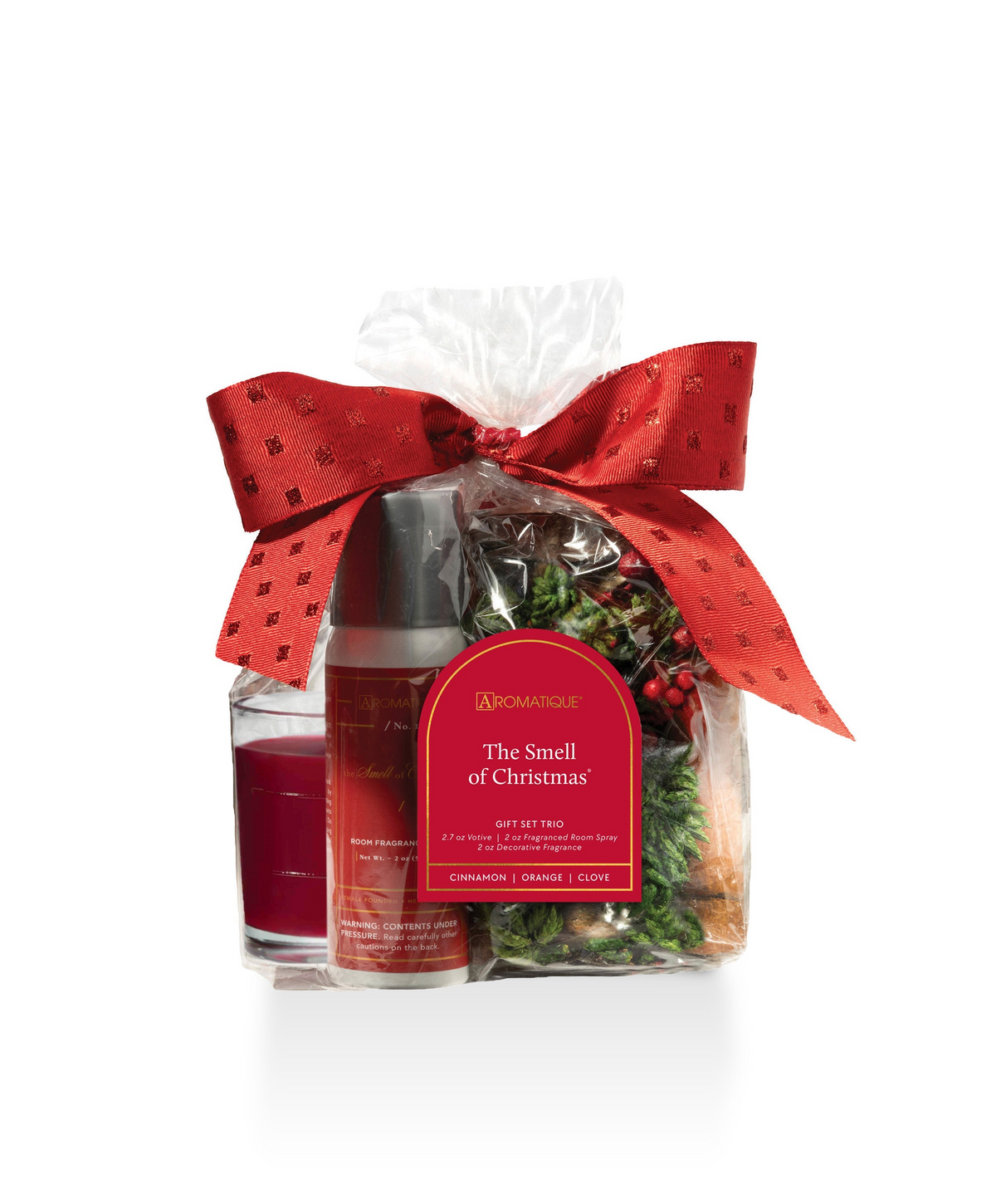 The Smell of Christmas Gift Set Trio with a votive candle, room spray, and decorative fragrance.