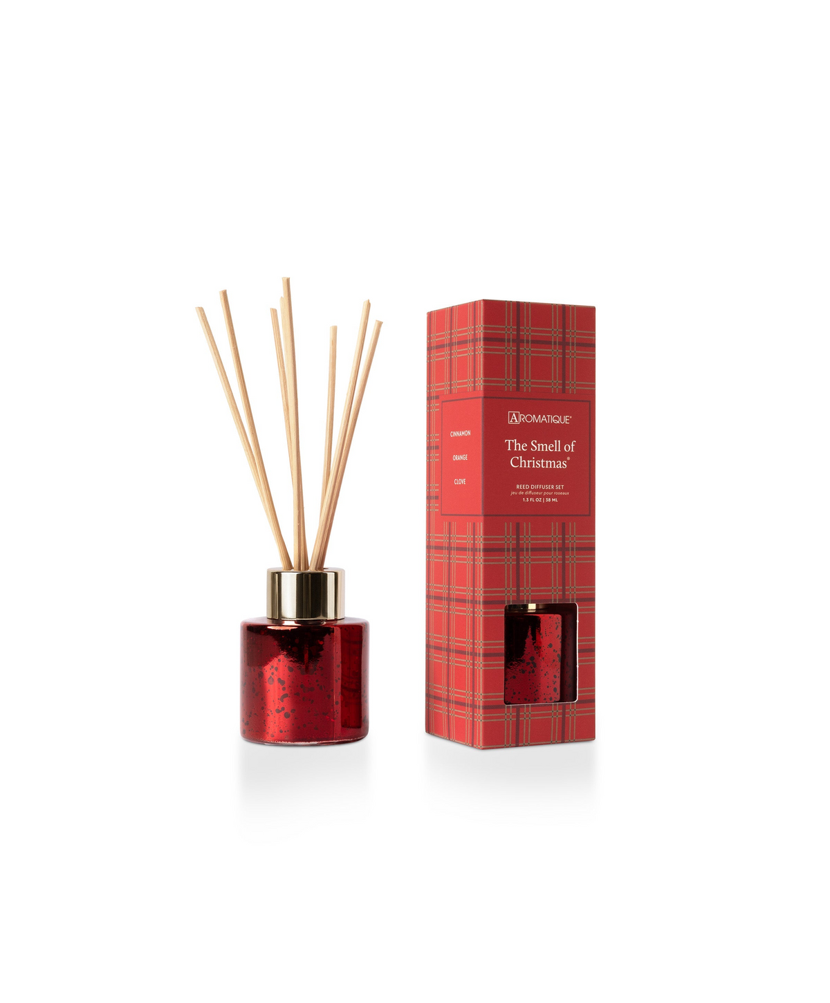 The Smell of Christmas Plaid Mini Reed Diffuser Set with red metallic bottle and plaid box.