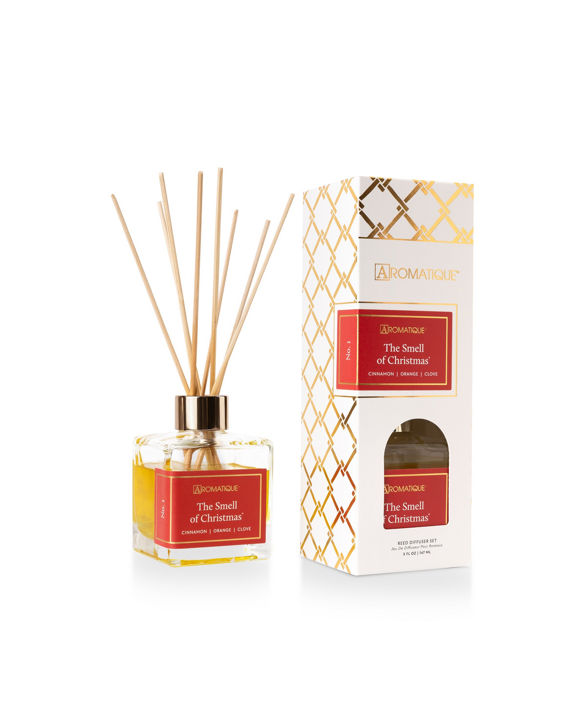 The Smell of Christmas Reed Diffuser Set with glass bottle, wooden reeds, and decorative box.