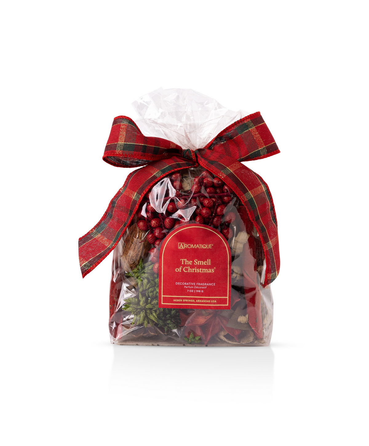 The Smell of Christmas decorative fragrance in a clear bag with a red plaid bow and botanicals.