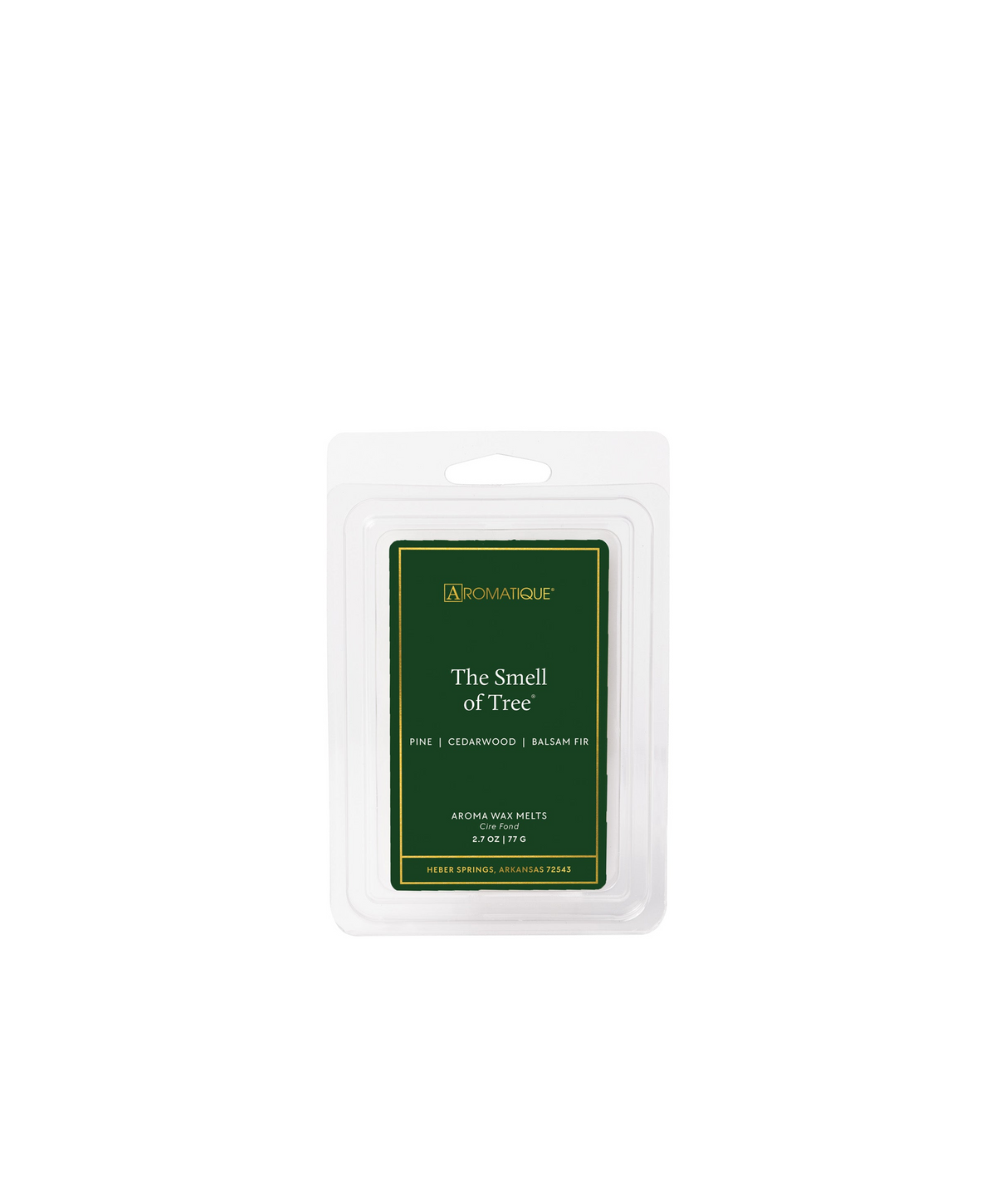 The Smell of Tree Aroma Wax Melts in a clear plastic tray with a dark green and gold label.