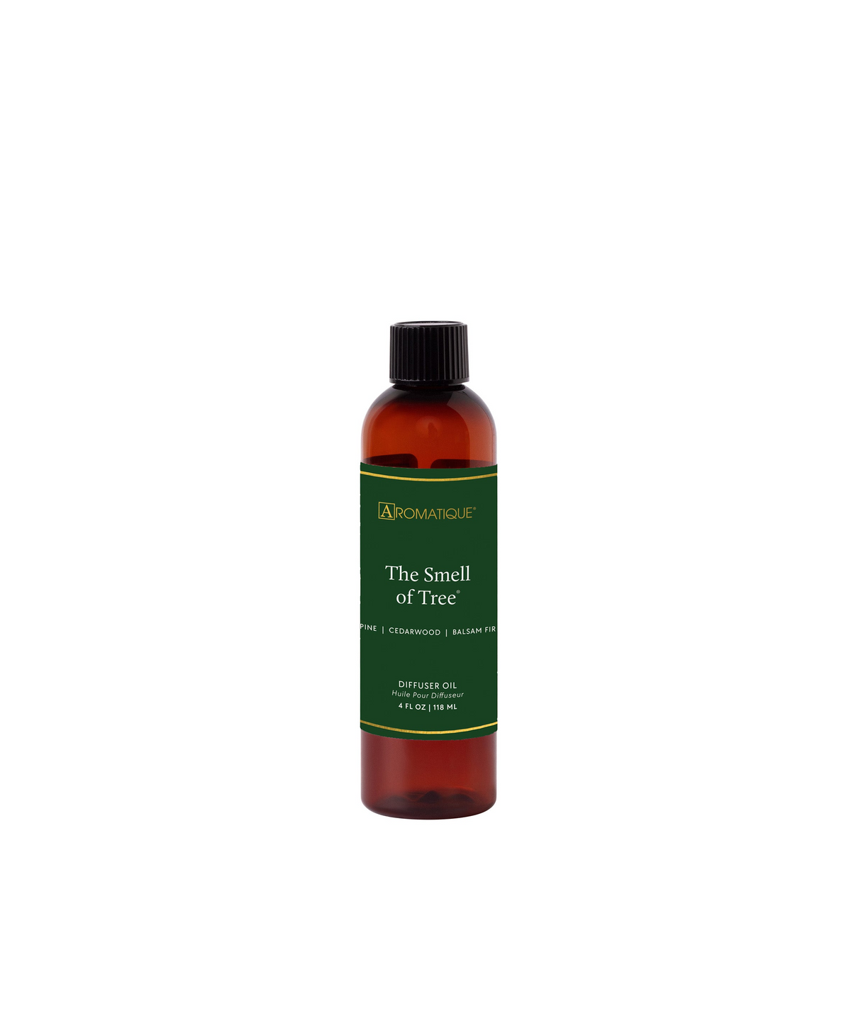 A 4 fl oz amber bottle of Aromatique The Smell of Tree Diffuser Oil with a green and gold label.