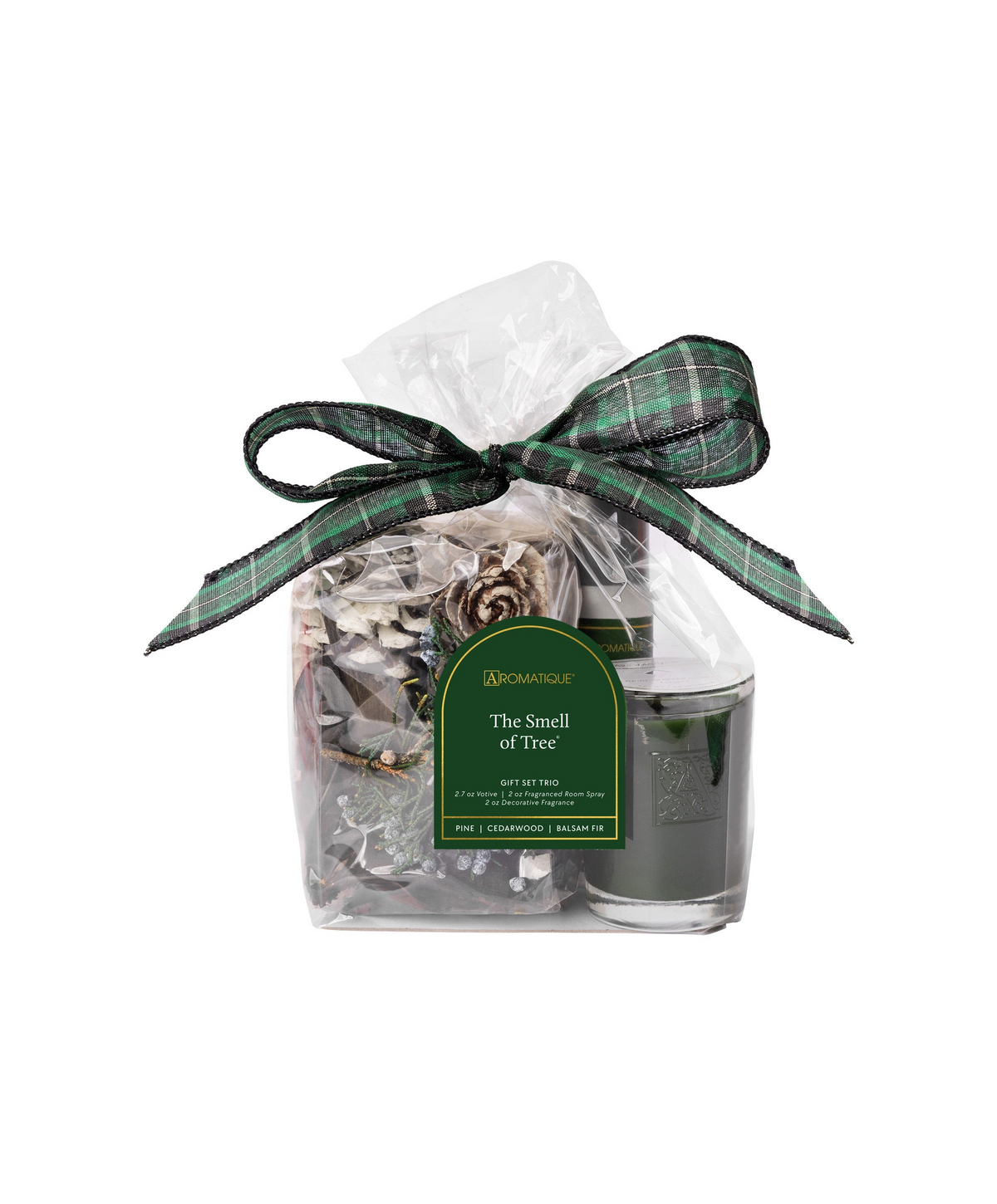 The Smell of Tree Gift Set Trio with potpourri, room spray, and a green votive candle in a gift bag.