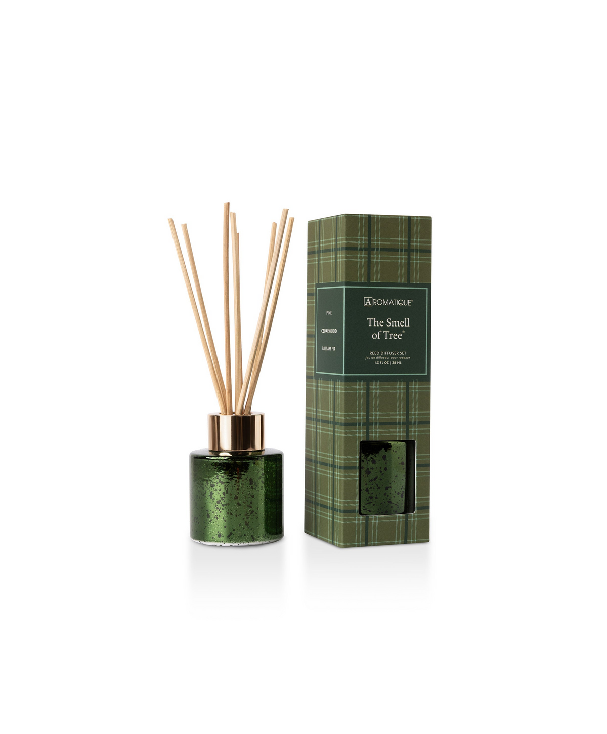 The Smell of Tree Mini Reed Diffuser Set with green metallic glass bottle and plaid gift box.