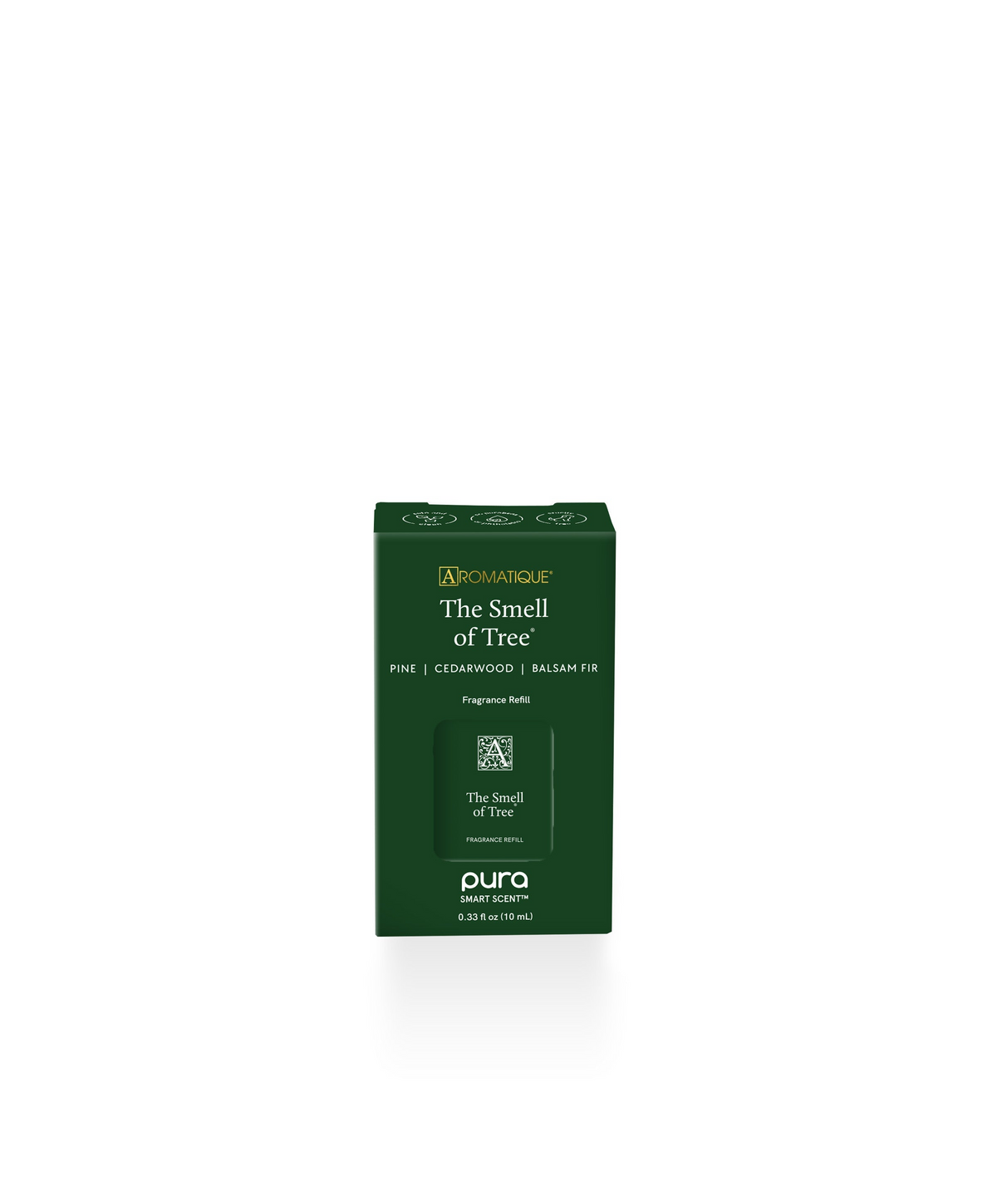 The Smell of Tree Pura Fragrance Refill in a green box with pine, cedarwood, and balsam fir notes.