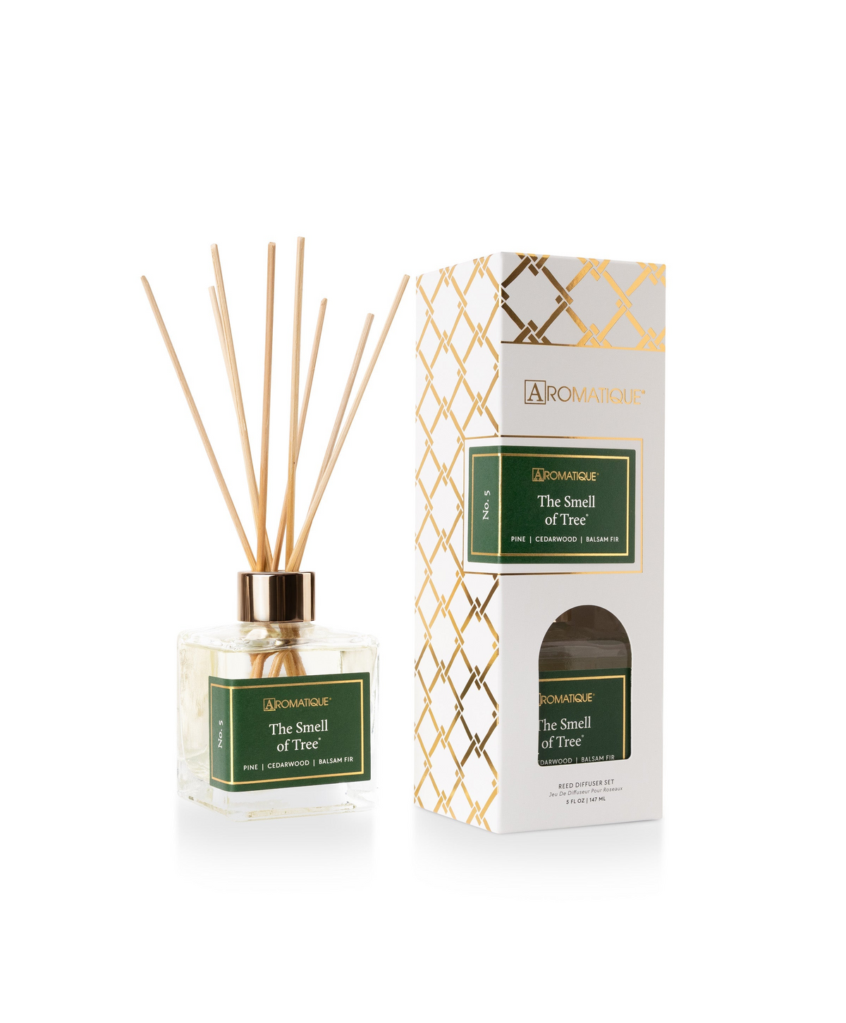 The Smell of Tree Reed Diffuser Set with a square glass bottle, gold collar, and white patterned box