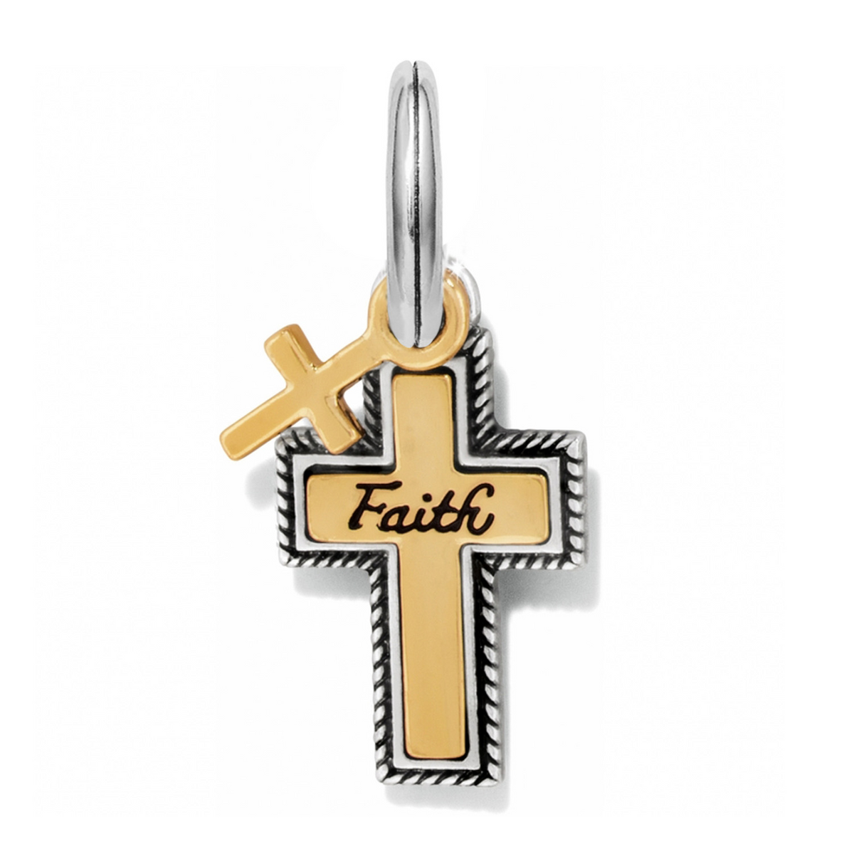 Two-tone silver and gold cross charm with 'Faith' inscription and a small gold cross accent.