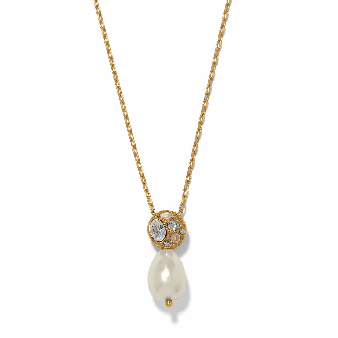 Gold-plated necklace with a crystal-studded circular charm and a white teardrop glass pearl.