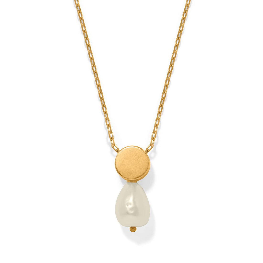 Gold-plated necklace with a round gold disc and a teardrop-shaped white glass pearl pendant.
