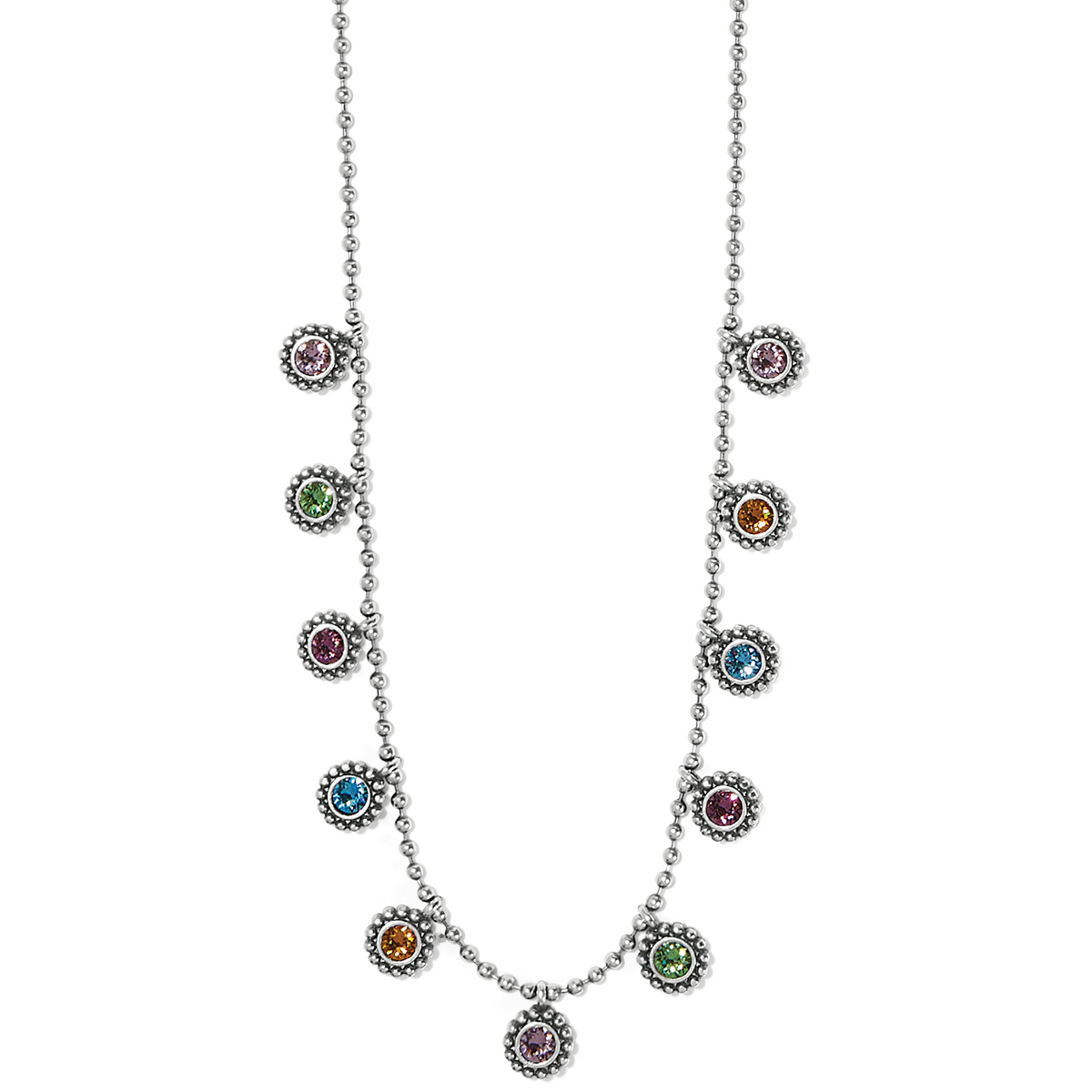 Twinkle Drops silver-plated ball chain necklace with multi-colored crystal circular charms.