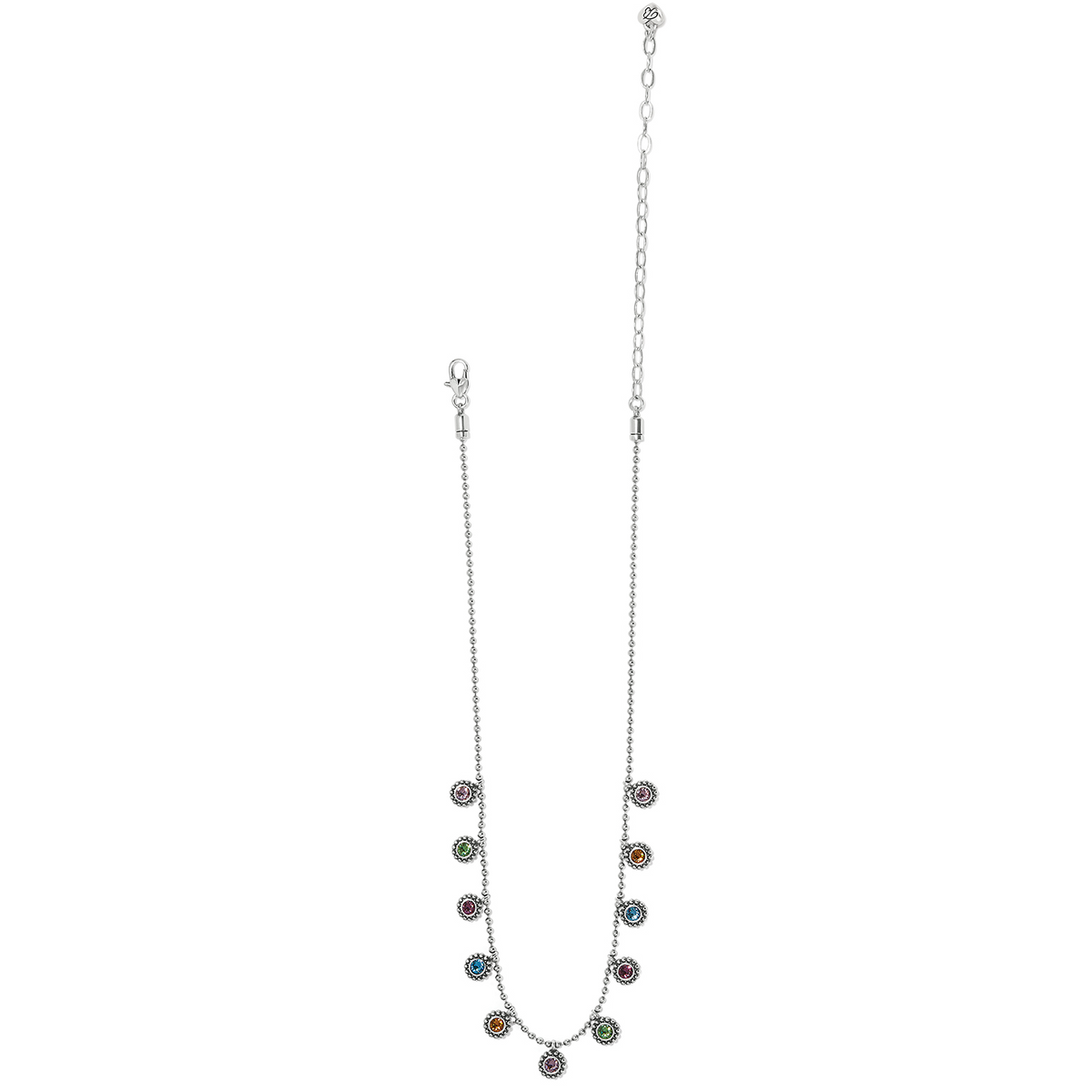 Twinkle Drops Necklace with silver-plated ball chain and multi-colored crystal charms.
