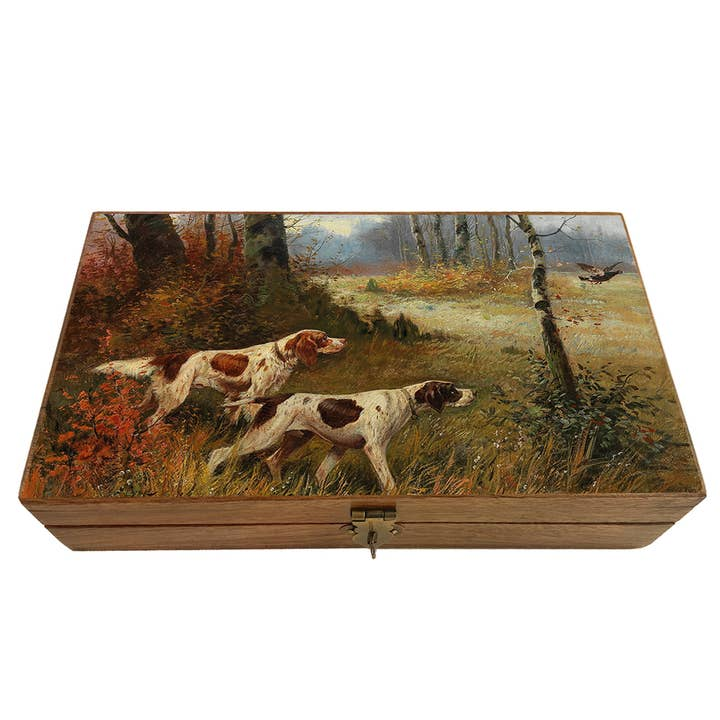 Large solid wood decorative trinket box with a painting of two pointing dogs in a forest scene.