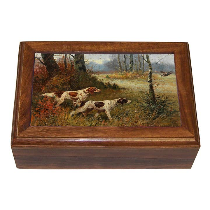 Large solid wood trinket box with a lid featuring a painting of two pointing dogs in a field.
