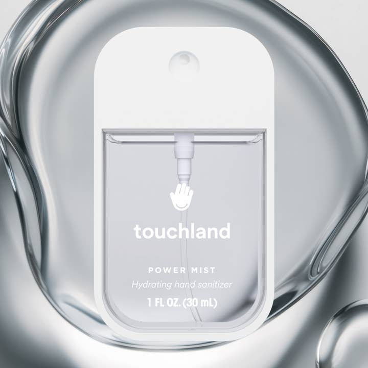Touchland Power Mist Hydrating Hand Sanitizer in a clear, rectangular spray bottle.