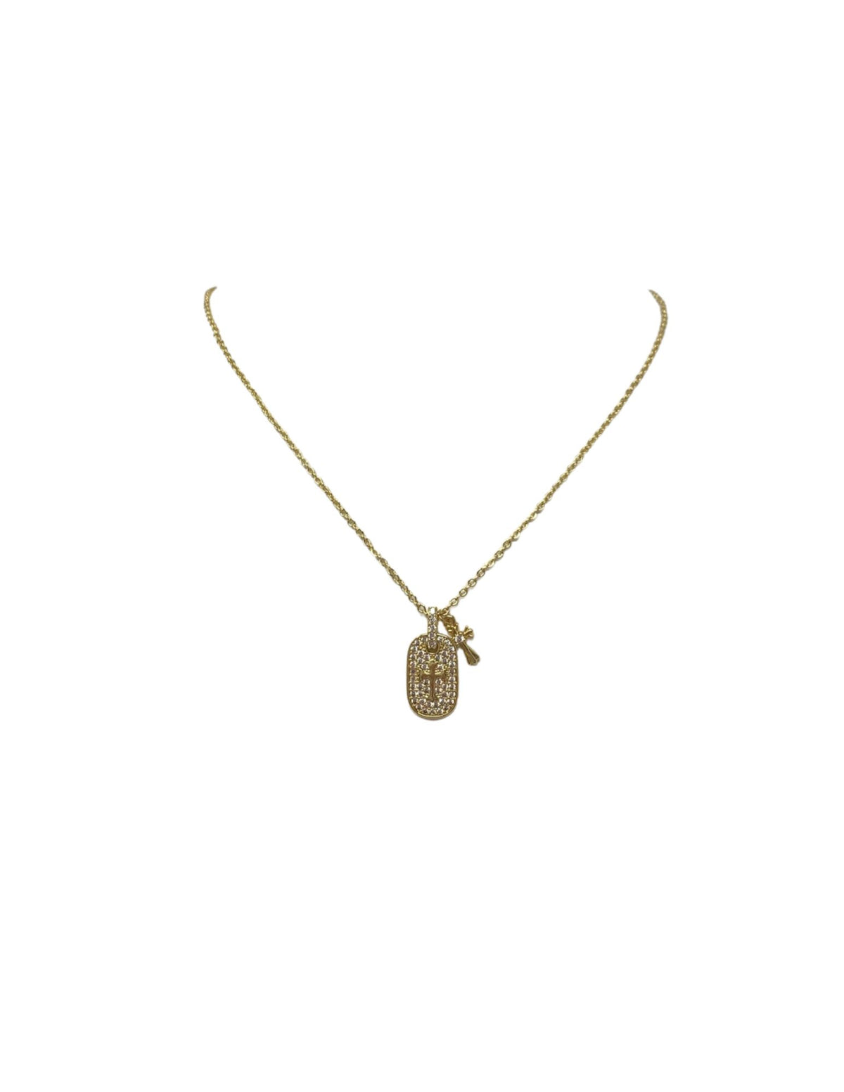 Gold necklace with a CZ pave dog tag pendant featuring a cross and a small hanging cross charm.