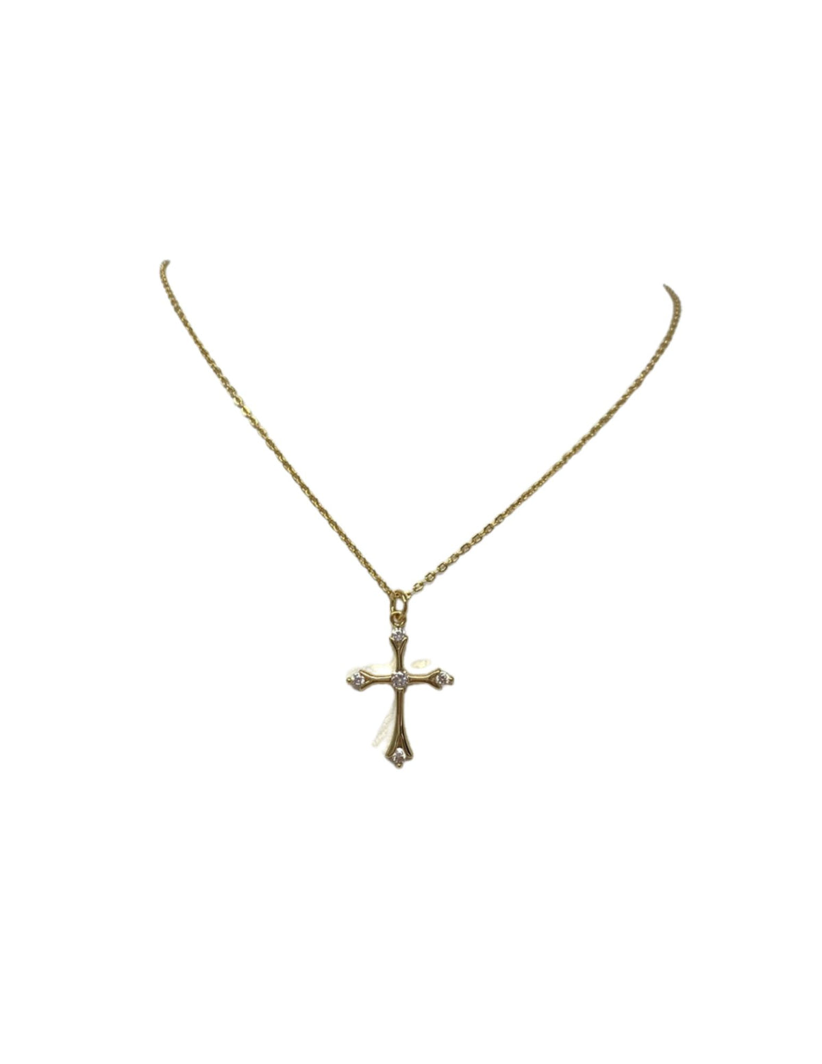 Gold CZ Five Stone Cross Necklace featuring a thin gold chain and a cross pendant with five stones.