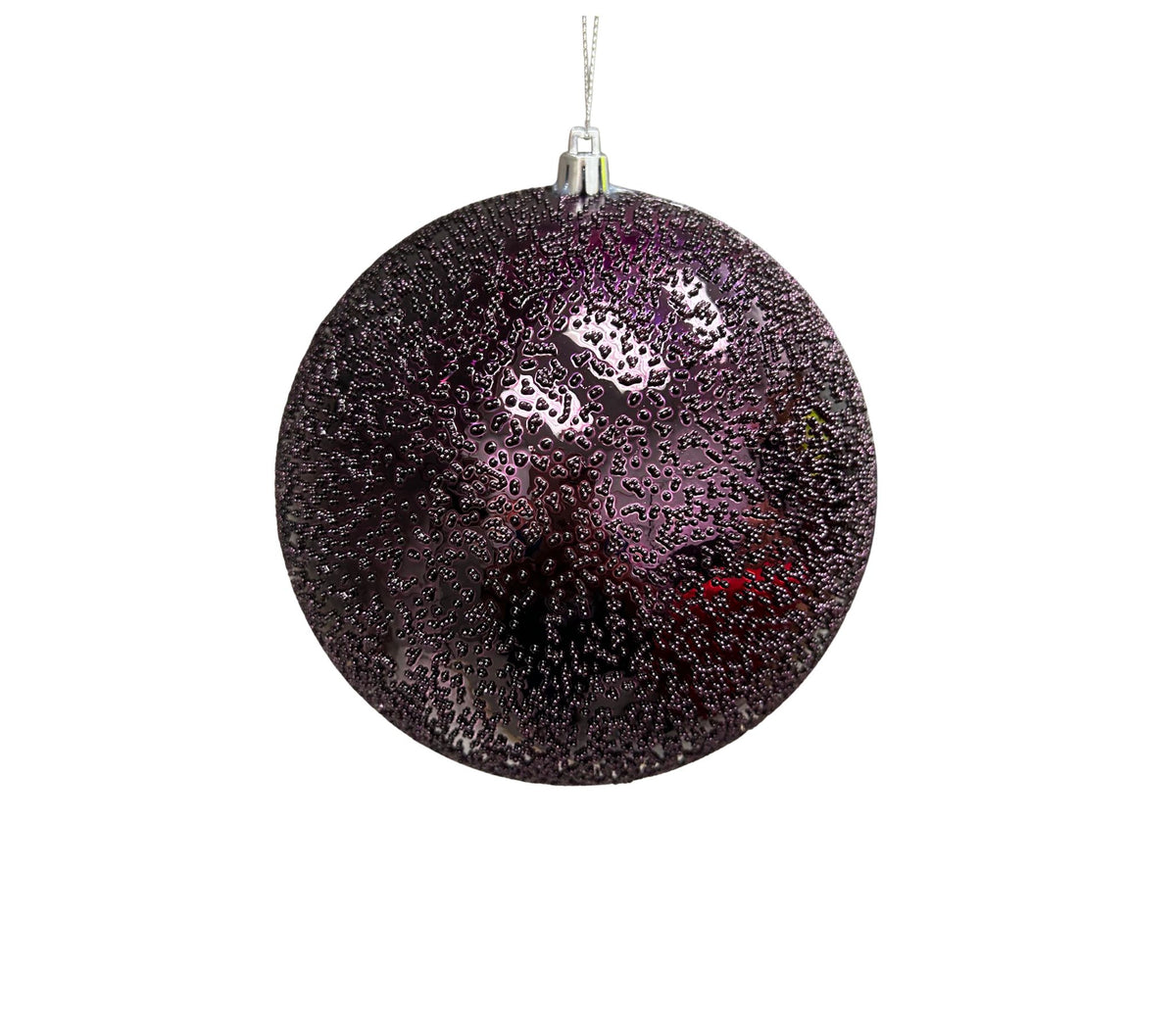 Eggplant purple Christmas ball ornament with a textured, beaded surface and silver hanging cap.