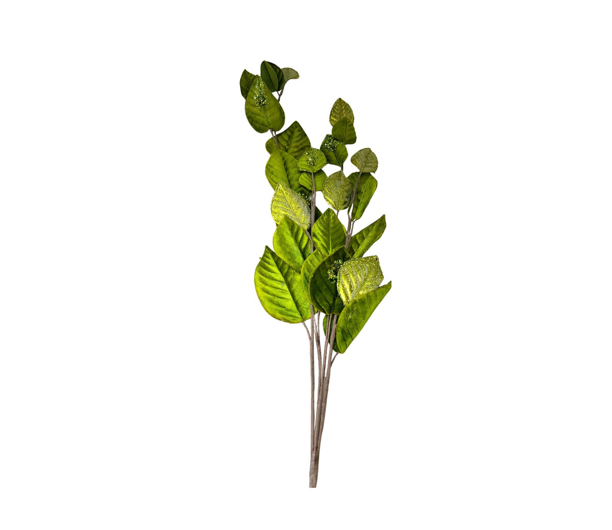 Green velvet leaf garland spray with glitter accents and brown stems against a white background.