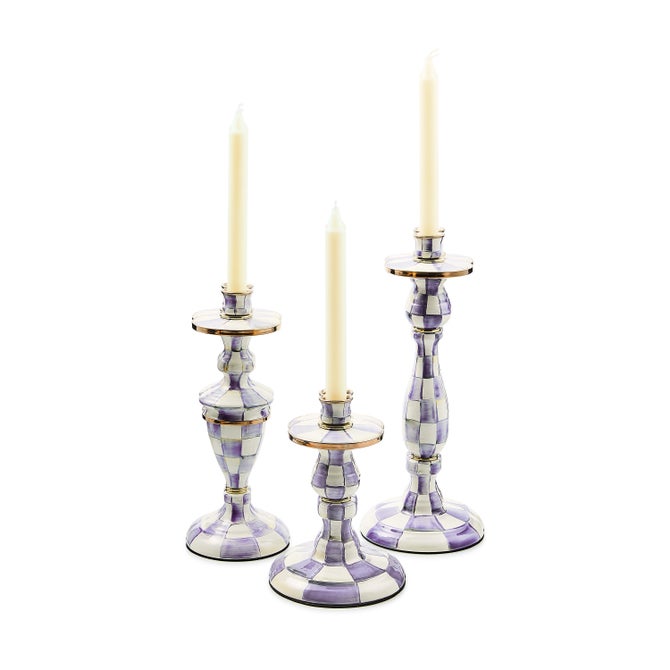 Hand-painted violet checkered candlestick with brass accents on bronzed stainless steel rim.