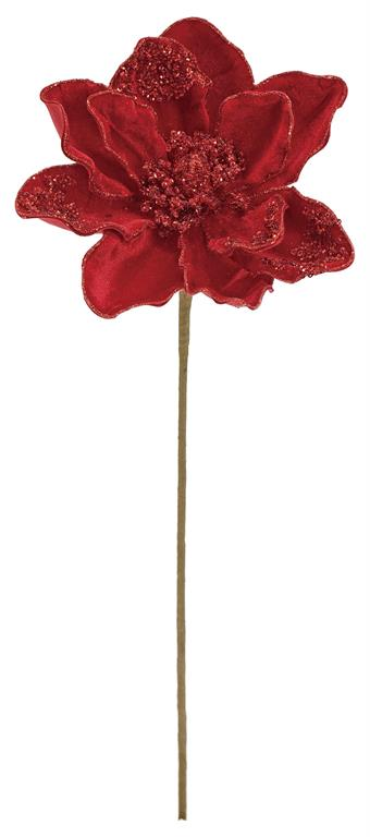 20-inch red velvet magnolia spray with glitter accents on a long brown stem.