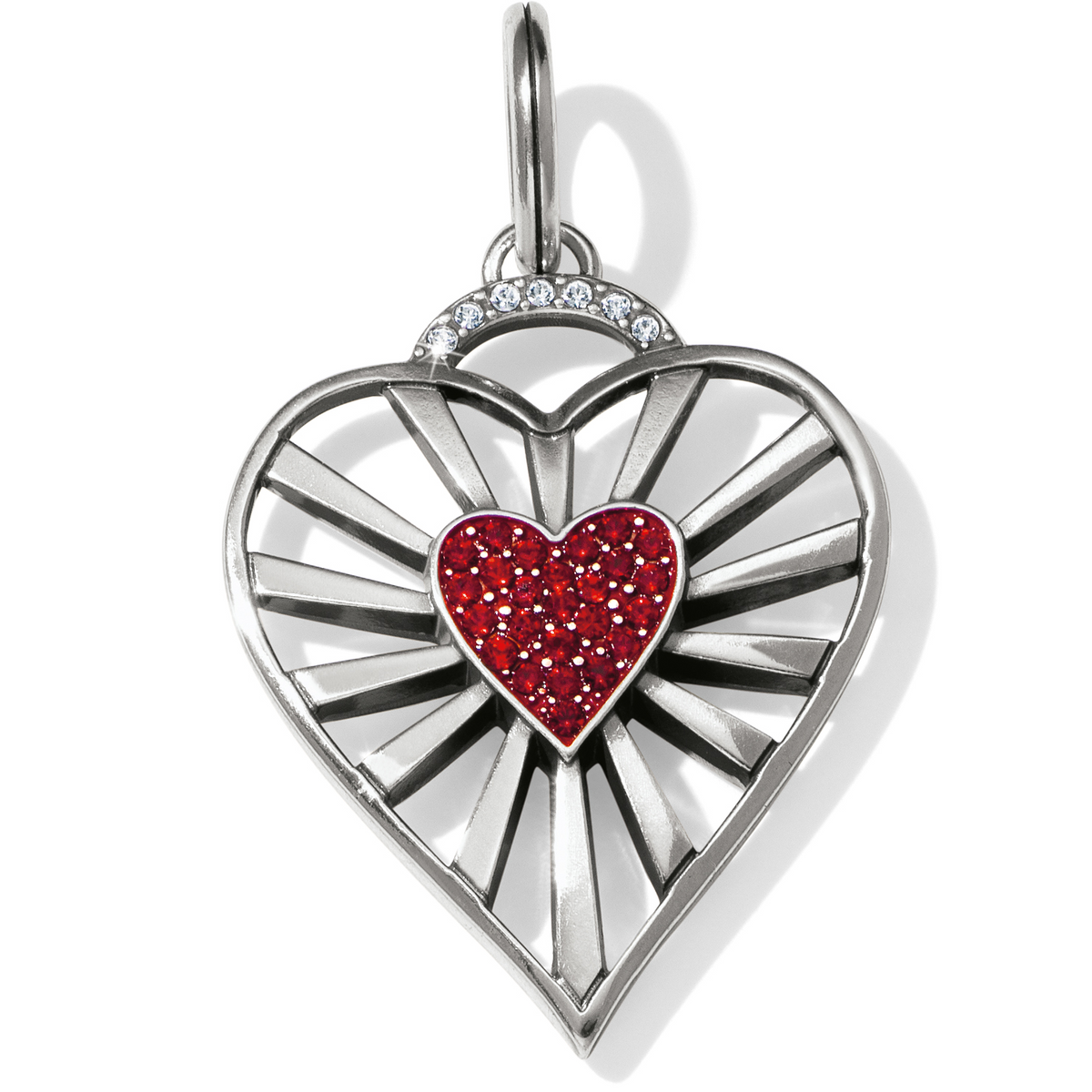 Silver-plated heart amulet with a central red crystal heart and sunburst rays.