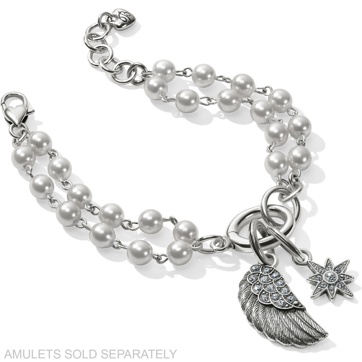 Victoria Charm Bracelet with double-strand glass pearls, silver-plated finish, and lobster closure.