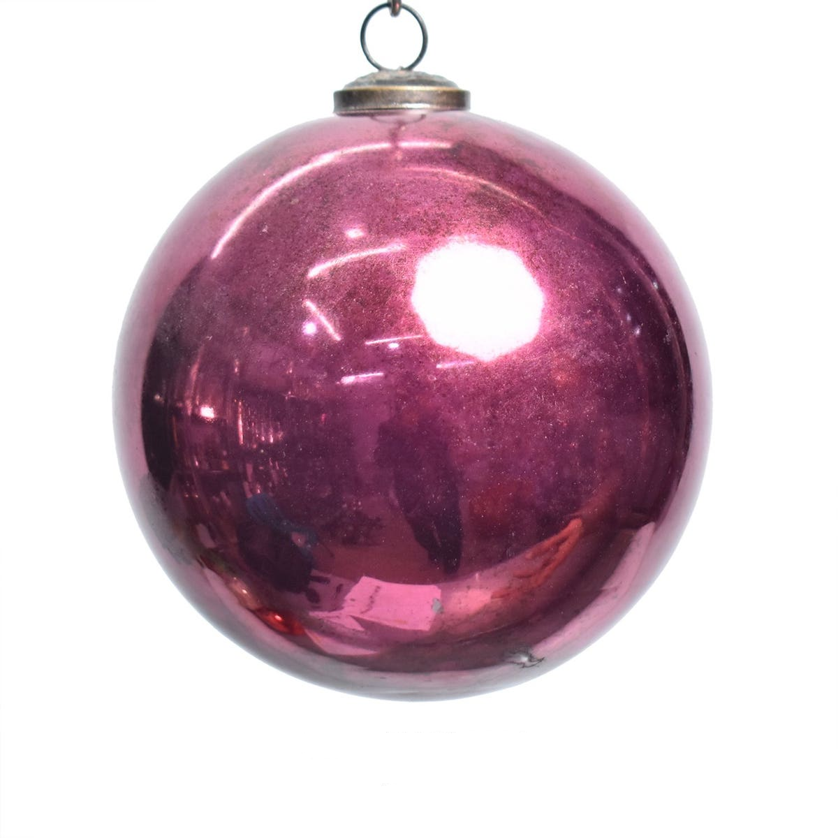 6-inch vintage cranberry glass ball ornament with a metallic patina and hanging loop.