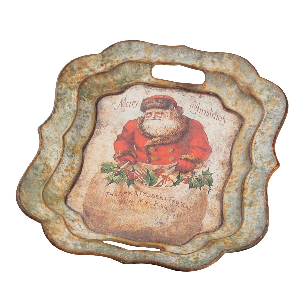 Vintage Santa With Bag Tray featuring a classic Santa illustration and scalloped edges.