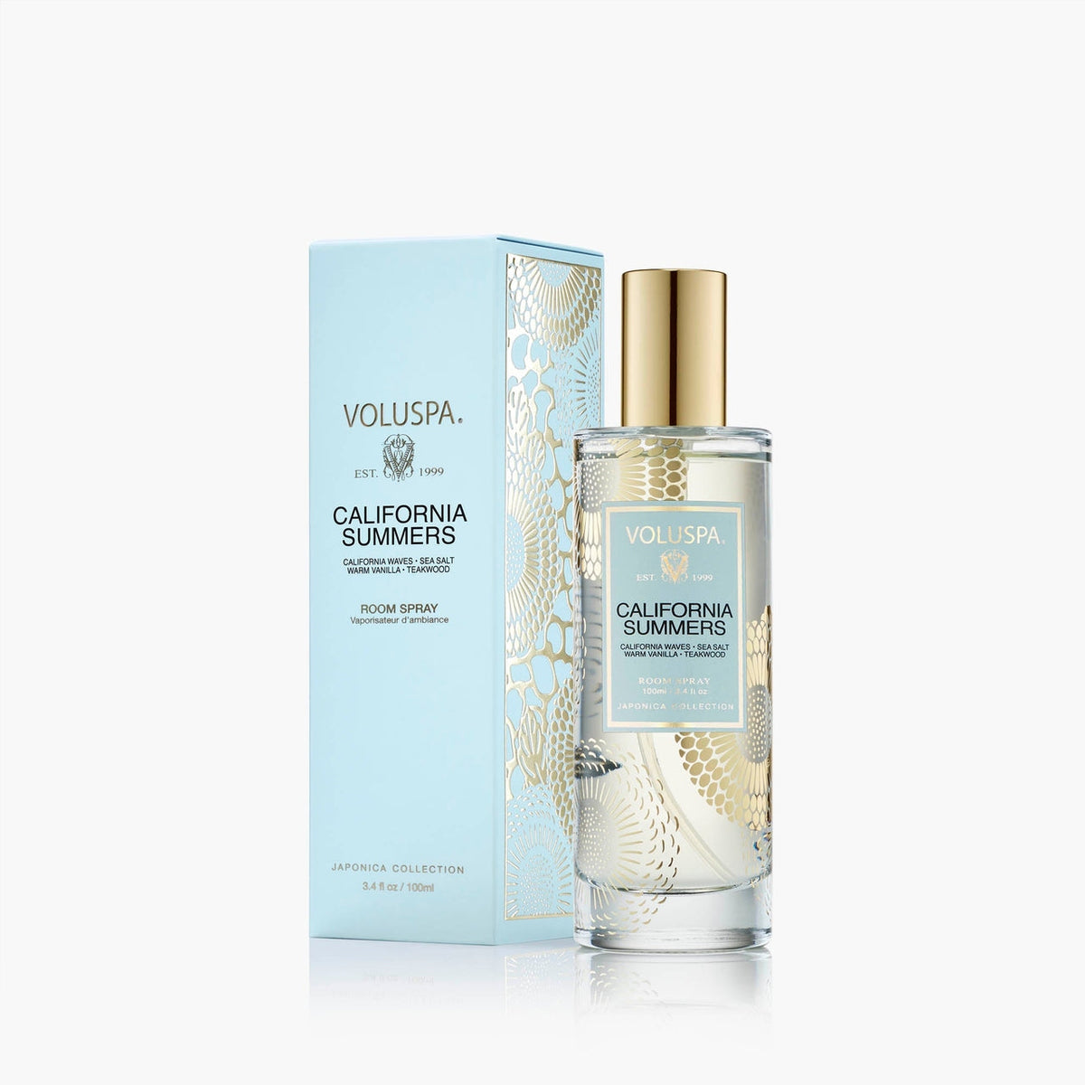 Glass room spray bottle with gold accents containing California Summers fragrance.