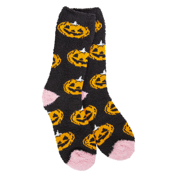 Pumpkin-colored knit winter crew socks with a ribbed cuff.