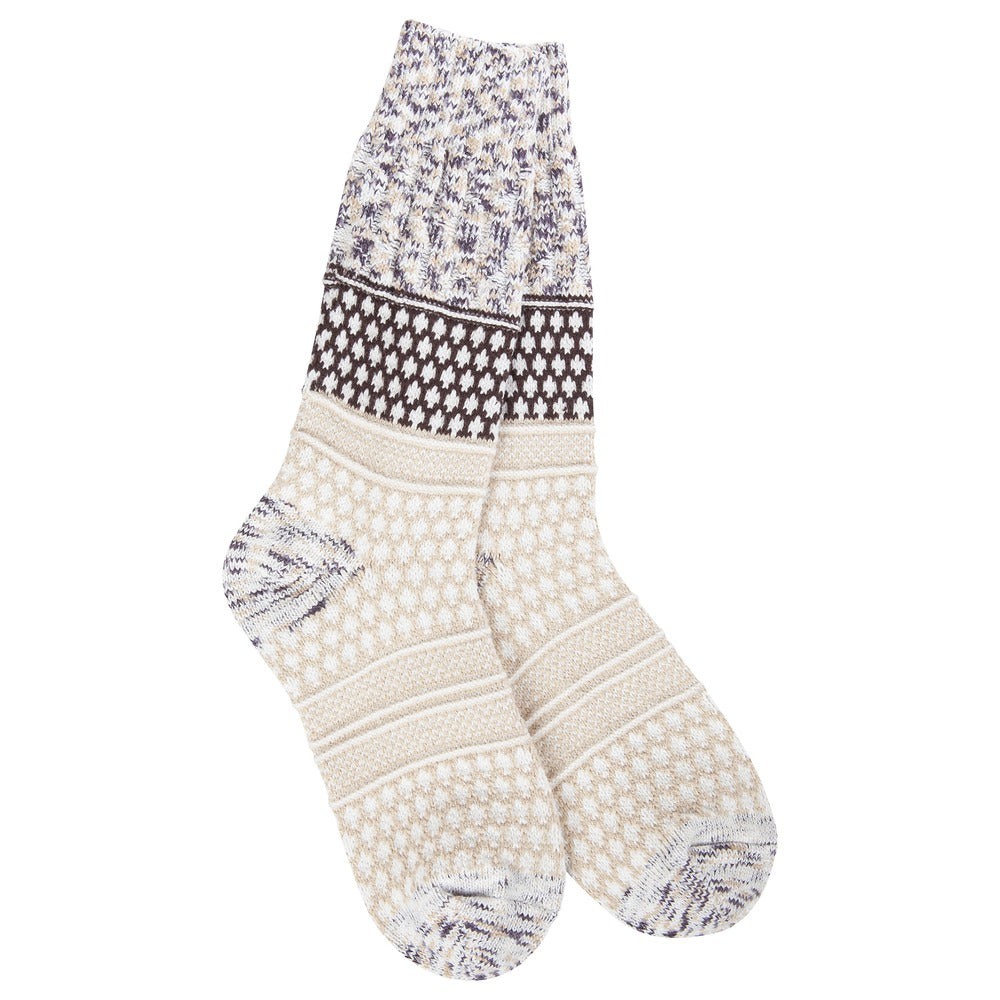 Pair of Weekend Gallery Textured Crew socks in a beige and brown patterned knit.
