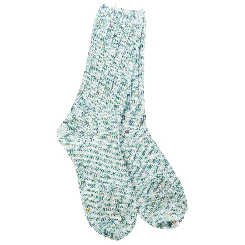 Pair of light green and white speckled ragg crew socks with a textured knit pattern.
