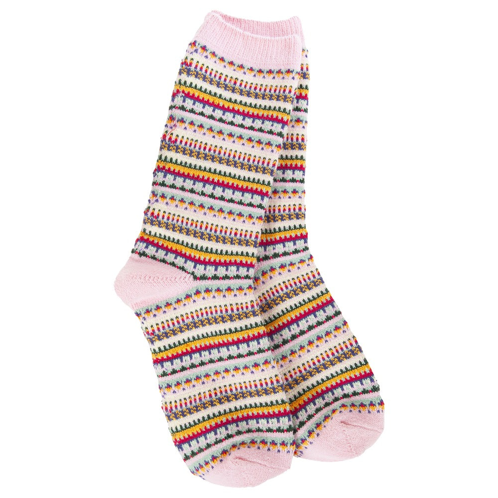 Weekend Boho Crew Socks featuring a colorful striped knit pattern with pink cuffs, heels, and toes.